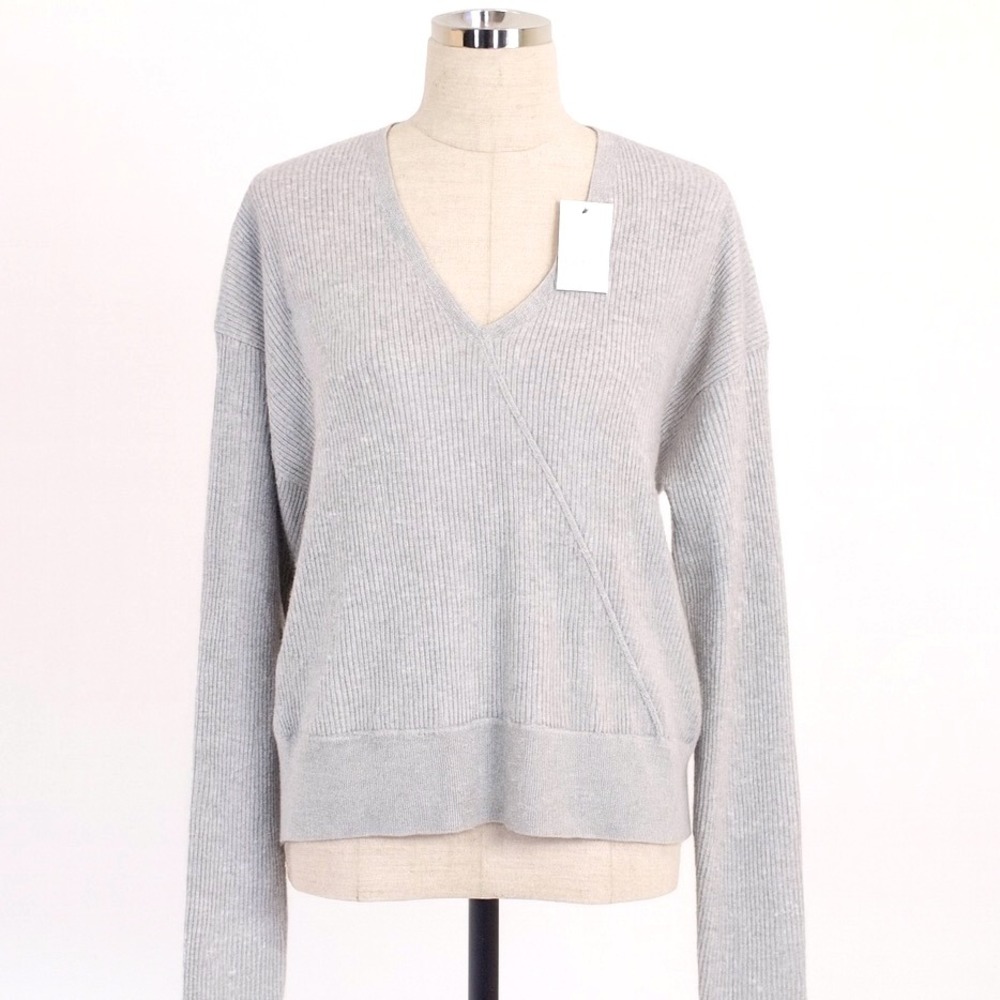 Elodie Women's Sweater Large Gray Ribbed Knit Surplice V-Neck Long‎ Sleeve NWT